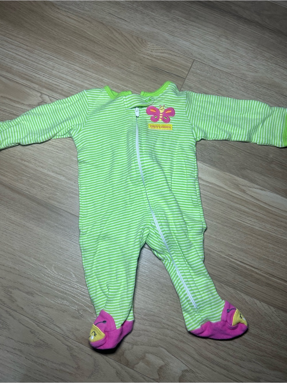 Carter's Lime Green Striped Footed One-Piece with Pink Accents